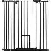 PawHut Extra Tall Pet Gate, Indoor Dog Safety Gate, with Cat Flap, Auto Close, 74-101cm Wide - Black