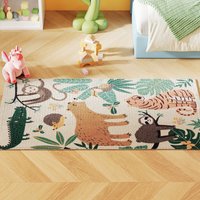 HOMCOM Tapis en polaire avec motif jungle, facile d'entretien, Crème+Multicolore