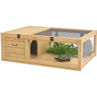 PawHut Casa per Tartarughe di Legno con Tetto in Rete e Pannelli Laterali Trasparenti Rimovibili 91x60,5x32cm Giallo Chiaro Aosom Italy