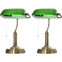 HOMCOM Banker's Table Lamps Set of 2, Desk Lamps with Antique Bronze Tone Base, Green Glass Shade and Pull Rope Switch for Home Office, Living Room, Bedroom, Dining Room, Green