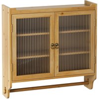 Armoire murale avec portes en verre, espace de rangement à trois niveaux et porte-serviettes, pour salle de bain, cuisine, salle à manger, 63x18x60 cm, Couleur naturelle