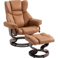 HOMCOM 360° Swivel Recliner Chair with Footstool, PU Leather Manual Recliner Armchair with Footstool, Solid Wood Base, Upholstered Reclining Chair for Living Room, Bedroom, Office, Brown