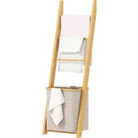 HOMCOM Étagère pour Salle de Bain en Bambou Porte-Serviettes sur Pied avec 3 Barres Panier à Linge Amovible de 48 L Crème