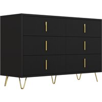Buffet avec 6 tiroirs, poignées et pieds dorés, texture ondulée, 120x40x77 cm, Noir+Or