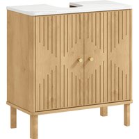 HOMCOM Badezimmerschrank mit 2 verzierten Türen, Unter-Spülenschrank mit Marmor-Effekt-Regal und verstellbarem Regal, für Waschbecken mit oder ohne Sockel, Eiche Aosom