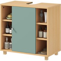 HOMCOM Meuble sous lavabo, meuble de salle de bain avec 6 étagères ouvertes et porte à fermeture amortie 60 x 33 x 57 cm, vert