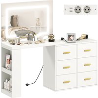 HOMCOM Coiffeuse avec miroir LED ajustable, prises, 6 tiroirs, 2 étagères ouvertes, Blanc