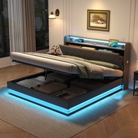 Double Upholstered Bed Frame with Hydraulic Storage, Charging Station, LED Headboard Ideal for Living Room, 203L x 141W x 113H cm, Grey Aosom UK
