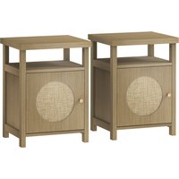 HOMCOM Set aus 2 schmalen Nachttischen, Beistelltisch mit offenem Fach und 1 Schrank, Rattan-Finish, Bohème-Stil, für Schlafzimmer, Wohnzimmer, 40 x 35 x 55 cm, braune Holzoptik Aosom