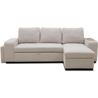 Canapé d'angle convertible réversible VALDO 3 a 4 places - Tissu Beige - Tablette avec USB - Coffre + Pouf - L247xP143xH86 cm