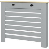 HOMCOM Cache-radiateur en MDF à Lattes, Cache-radiateur à Grille avec 2 Tiroirs, 111x19x95.5 cm, Gris