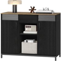 HOMCOM Buffet 2 Portes avec Perforations 2 Compartiments et Tiroir Étagères Ajustables 100x40x80 cm Noir et Marron Rustique