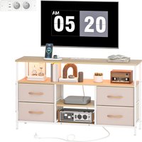 HOMCOM Meuble TV avec Lumière LED et Prises USB Étagères Ouvertes 4 Tiroirs pliables 120x30x67,5 cm Beige et Blanc