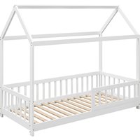 HOMCOM Letto per Bambini Casetta in Legno di Pino con Doghe e Recinzione Sicura per Stanza dei Bambini 96x195x165 cm Colore Bianco Aosom