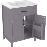 Armoire de salle de bain autoportante avec lavabo, étagères à double porte, tiroirs pratiques, étagères réglables, 60x46x84,8 cm, Gris