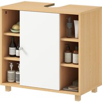 HOMCOM Meuble sous-vasque 2 portes à fermeture douce et 6 étagères — 60×33×57 cm, blanc/bois
