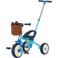AIYAPLAY Tricycle pour bébés 2 en 1 pour 2-5 ans avec barre parentale, pédales antidérapantes, repose-pieds pliables et panier bleu