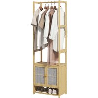 HOMCOM Porte-manteau en bambou avec armoire range-chaussures barre de suspension étagère réglable pour entrée couloir 53x31x168 cm naturel