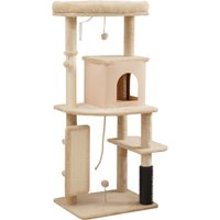 PawHut Cat tree, play tower, 132 cm high, with bed and house, grooming brush, 55 x 44 x 132 cm, beige | Aosom Ireland