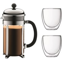 BODUM CHAMBORD Set cafetiere a piston - 8 tasses - 1L - Gris - Avec 2 verres double paroi Pavina 0,35l