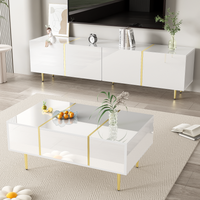 High-Gloss TV Cabinet with Gold Accents, Soft‑Close Doors, Coffee Table with Robot Vacuum‑Friendly Clearance, 170L x 35W x 46H cm, White Aosom UK