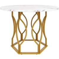 Table ronde pour 4 personnes, plateau en MDF et pieds en métal, 100x100x76 cm, Blanc+Or