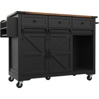 Kücheninsel mit klappbare Tischplatte, Servierwagen auf Rollen mit 2 Schiebetüren und 3 Schubladen, 140x45/73x94 cm, Schwarz