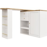 Table de bar pivotante à 360° avec 2 tiroirs et armoire à porte coulissante, 3 niveaux de rangement ouvert, Blanc