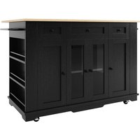 Îlot de cuisine avec plateau rabattable, verre trempé, 151,5x60/85x91,7 cm, Noir