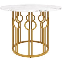 Table à manger ronde pour 4 personnes, plateau en MDF et pieds en métal, 100x100x76 cm, Blanc+Or