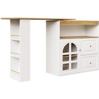 360° drehbarer Sideboardschrank, mit 2 Schubladen, Snackregal, Bogenglas, 138-204x39x104 cm, Weiß
