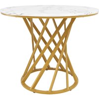 Table ronde, table de cuisine avec plateau en MDF et pieds en métal, 80x80x76 cm, Blanc+Or