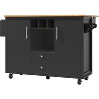 Îlot de cuisine avec table pliante, grand espace de rangement, casier à vin, porte-serviette et porte-épices, 137,9x45/73x92,2 cm, Noir