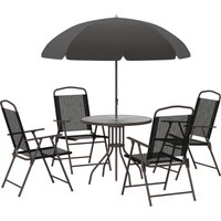 Outsunny 6 PCs Garden Patio Furniture Set Bistro Set Texteline Folding Chairs +Table +Parasol (Black)