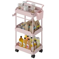 HOMCOM Chariot d'appoint à roulettes 3 niveaux chariot de cuisine avec paniers amovibles et porte-serviettes rose