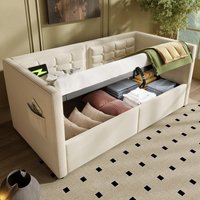 3ft Upholstered Single Sofa Bed with USB and Type-C Charging Station, Under-bed Storage with Side Pockets, 205L x 106W x 75H cm, Beige Aosom UK