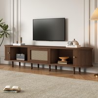 Oval TV Unit with Rattan Drawer and 2 Sliding Doors, Rounded Corner Sideboard,TV Stand Suitable for 70-inch TV, 180L x 40W x 40H cm, Oak Aosom UK