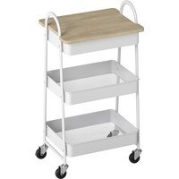 HOMCOM 3-Tier Kitchen Storage Trolley with on Wheels Cover Top Board - White and Oak | Aosom Ireland