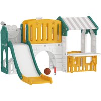 AIYAPLAY 7-in-1 kids slide, indoor playground, climbing frame, playhouse, whiteboard, basketball hoop, 1-4 years, plastic, Yellow+Green | Aosom Ireland