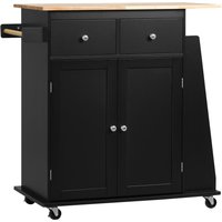 HOMCOM Kitchen trolley island with worktop, shelf, bottle rack, towel holder, 2 drawers, 2-door cupboard, MDF, black rubberwood | Aosom Ireland