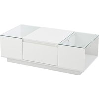 Table basse avec rangement, éclairage d'ambiance LED, plateau en verre et 2 tiroirs, 105x50x35 cm, Blanc