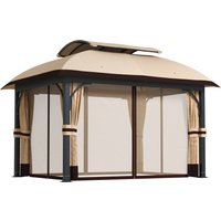 Outsunny Pavillon de jardin, 3,3 x 4 m tente de jardin avec rideaux en filet, toit à deux niveaux, revêtement en similicuir, structure métallique, Kaki