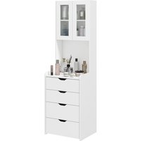 HOMCOM Coiffeuse de maquillage avec éclairage LED 3 couleurs Miroir rabattable et tabouret rembourré 3 tiroirs et étagères Blanc