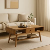 Solid Mango Wood Curved Coffee Table with 2 Drawers and 2 Open Compartments, Desk with Clear Natural Finish, 55L x 85W x 45H cm, Brown Aosom UK