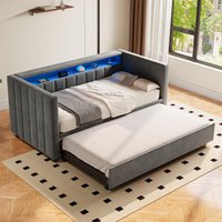 Space-Saving Pull-Out Double Bed with USB Type-C Charging and LED Lighting, Sleeper Sofa with Sturdy Wood, 201L x 100W x 73H cm, Dark Gray Aosom UK