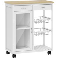 HOMCOM Carrinho de Cozinha com Rodas Ilhote Central de Cozinha com Tampo em Bambu Porta de Vidro 67x35x80 cm Branco Aosom Portugal