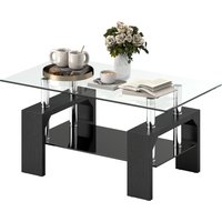 HOMCOM Table basse moderne 2 niveaux en bois et acier avec plateau en verre trempé, 90x50x42 cm, Noir