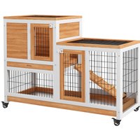 PawHut Clapier en Bois avec Roulettes, Plateaux Extractibles et Maisonnette avec Rampe, 110x50x88 cm, Jaune et Blanc