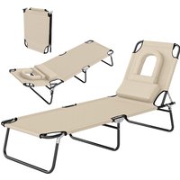 Outsunny Chaise longue avec ouverture pour le visage & coussins, pliable, revêtement déperlant, cadre métallique, Beige
