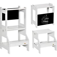 HOMCOM 2-in-1 Kids Step Stool & Table Chair Set with Safety Rail & Chalkboard, White Kitchen Helper | Aosom Ireland